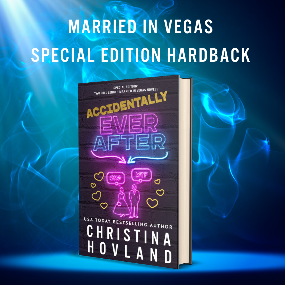 Book titled 'Accidentally Ever After' by Christina Hovland with a special edition hardback on a blue background.