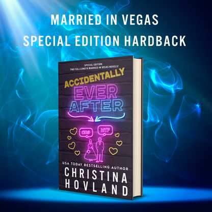 Book titled 'Accidentally Ever After' by Christina Hovland with a special edition hardback on a blue background.