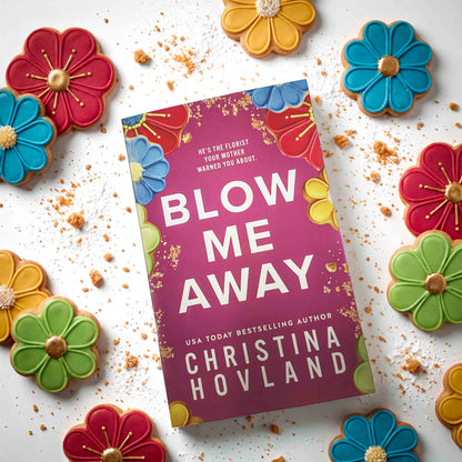 Blow Me Away Special Edition book, flat lay presentation, with cookies and crumbs as a background