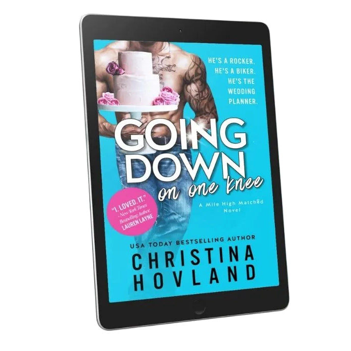 An e-book cover for 'Going Down on One Knee' by Christina Hovland, displayed on a tablet, featuring a man and a woman with text and decorative elements.