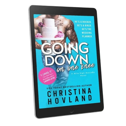 An e-book cover for 'Going Down on One Knee' by Christina Hovland, displayed on a tablet, featuring a man and a woman with text and decorative elements.