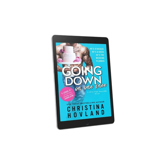 An e-book cover for 'Going Down on One Knee' by Christina Hovland, displayed on a tablet, featuring a man and a woman with text and decorative elements.
