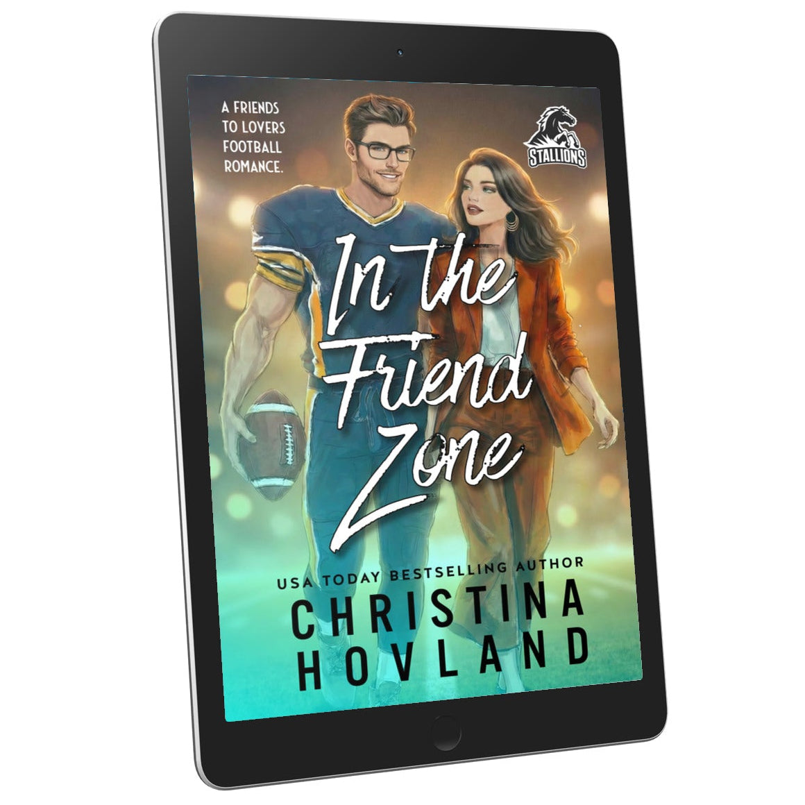 Ebook cover of 'In the Friend Zone' by Christina Hovland on a tablet screen.