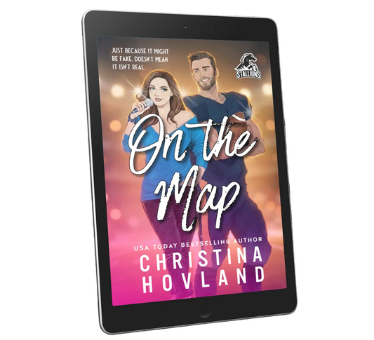 A tablet device displaying a romance novel cover titled "On the Map" by Christina Hoyland, shown on a clean white background.
